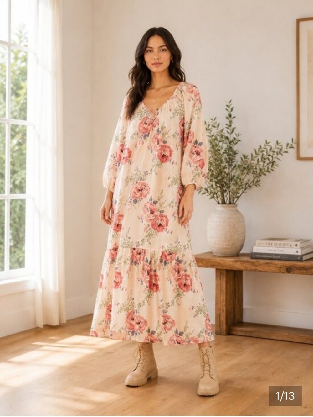 NWT THE GREAT. The Vistage Silk Echo Rose Print  V-Neck Tiered Maxi Dress